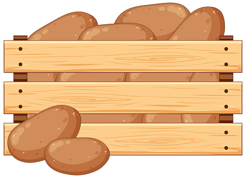 A vector cartoon illustration of a crate filled with potatoes, isolated on a white background