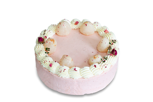 Homemade Lychee cake on white isolated background with clipping paths. Plain sponge cake frosting with young  pudding sauce. Bakery concept for birthday cake or valentine dessert