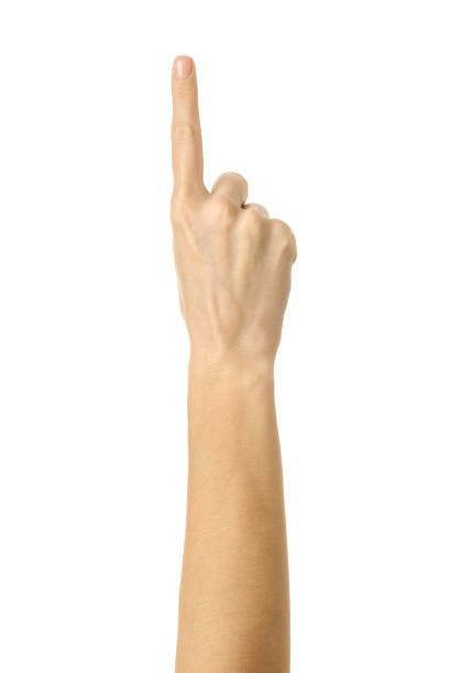 istock Pointing up. Woman hand gesturing isolated on white 1790540701