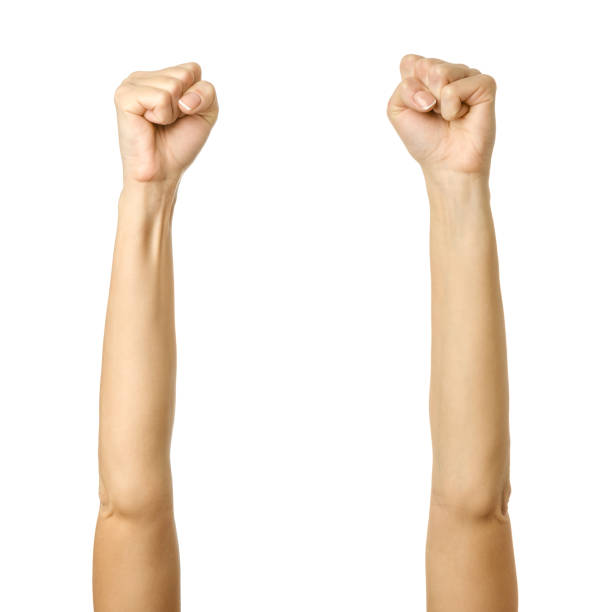 istock Raised hands. Woman hand gesturing isolated on white 1790540729