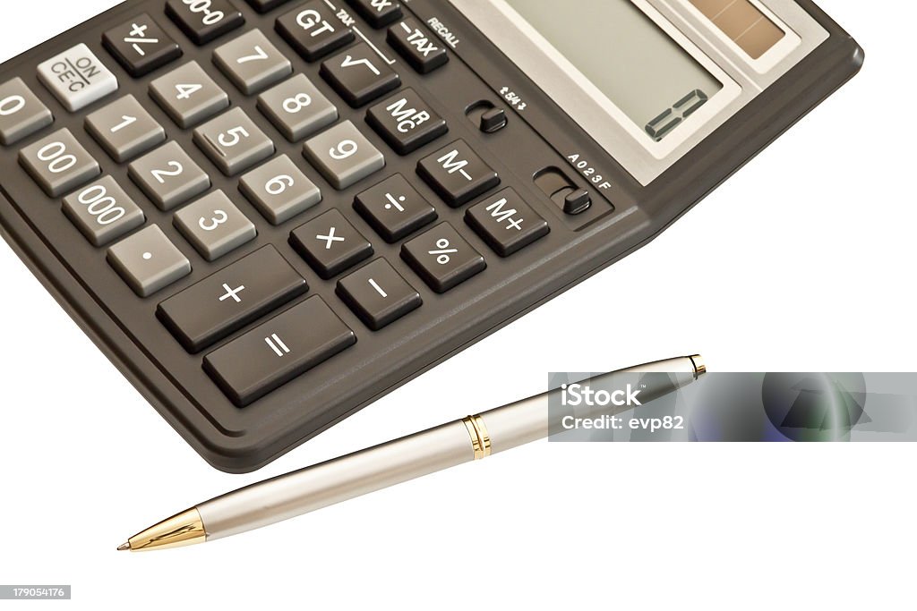 Kalkulator i pióro na biały - Zbiór zdjęć royalty-free (Badania)