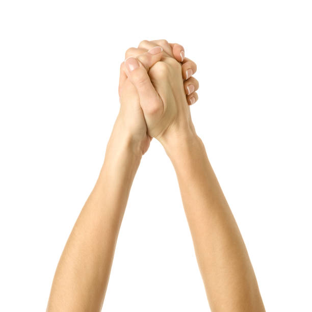 istock Clasped hands. Woman hand gesturing isolated on white 1790541789