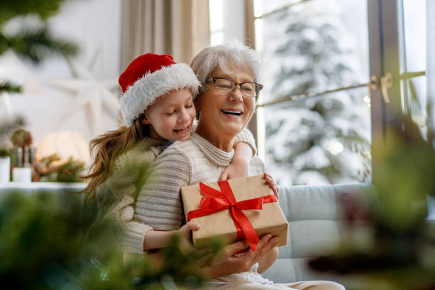 family celebrating Christmas stock photo