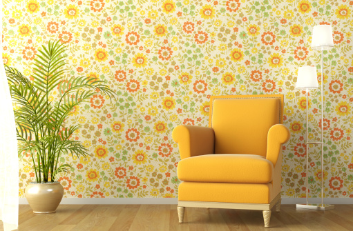 3d scene of interior with armchair and flowery wallpaper