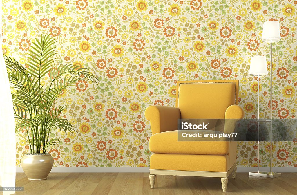 interior with armchair and flowery wallpaper 3d scene of interior with armchair and flowery wallpaper Wallpaper - Decor Stock Photo