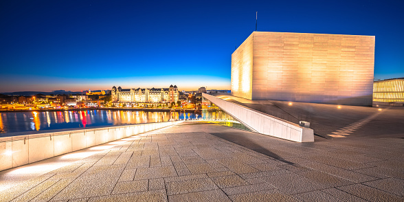 Oslo Opera house and city center modern architecture evening panoramic view, capital of Norway