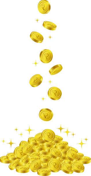 Illustration of point coins falling from above and stacking up A pile of coins with the letter P on them fall from above and pile up at the bottom. p value stock illustrations