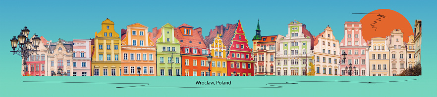 Art collage or design in modern contemporary retro style about Wroclaw at Poland