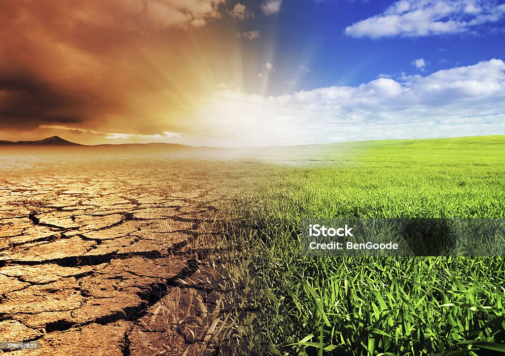 View of contrasting landscape A troubled young man walking into the light Climate Change Stock Photo