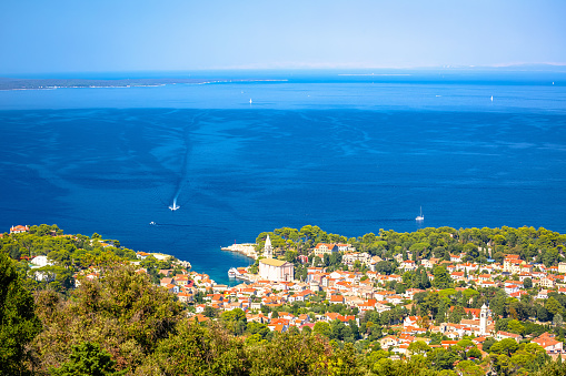 Veli losinj panoramic aerial view, Island of Losinj, archipelago of Croatia