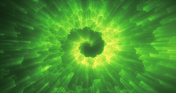 Abstract green energy magical glowing spiral swirl tunnel background.