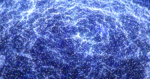 Blue waves from energy particles magical glowing high tech futuristic light dots abstract background.