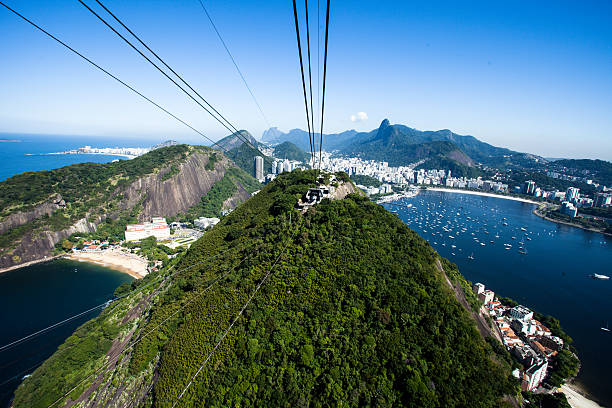 cable car на сахар, хлеб, рио-де-жанейро, бразилия - rio de janeiro sugarloaf mountain overhead cable car copacabana beach стоковые фото и изображения