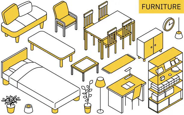 Vector illustration of Illustration of furniture needed for new life, simple isometric