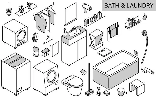 Vector illustration of Illustration of bath and laundry products needed for new life, simple isometric, monochrome