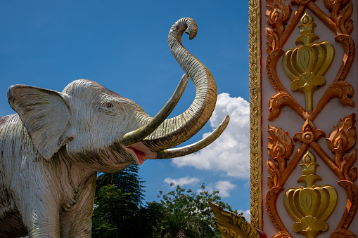 Mysuru, Karnataka, India-October 4 2022;The Royal Elephant with colorful costume salutes during the Dasara festival at Mysore Palace in Karnataka, India.