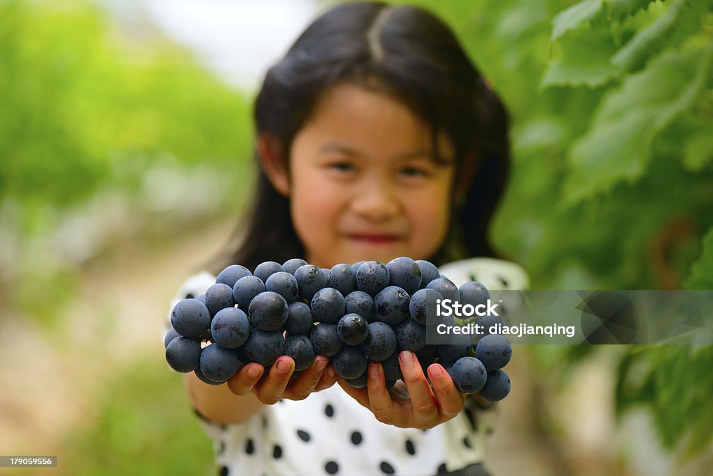 Asiatique fille montre un tas de raisin - Photo de Raisin libre de droits
