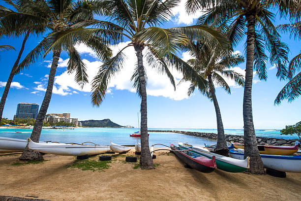 Famous Waikiki Beach with turquoise ocean and Diamond Head Crater in the background, Honolulu, Hawaii
