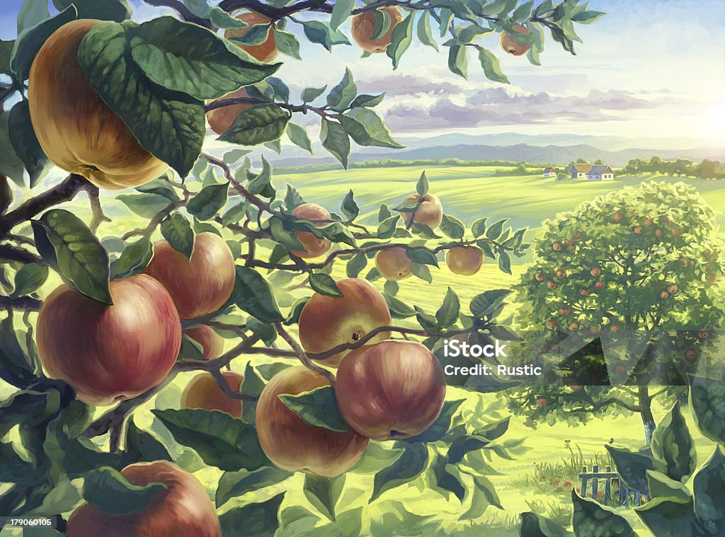 Summer landscape with apples. Raster illustration of summer landscape with branches. Apple Tree stock illustration