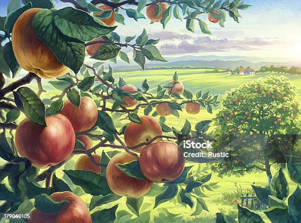 Summer Landscape With Apples Stock Illustration - Download Image Now - Apple Tree, Illustration, Painting - Art Product
