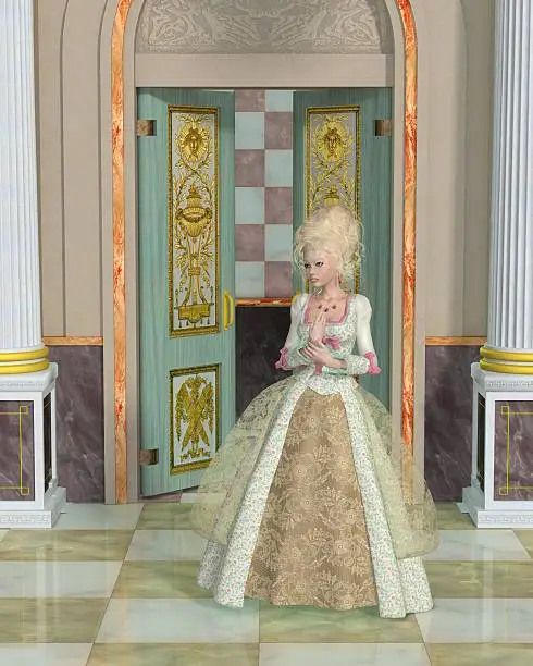 Imaginery illustration depicting Marie Antoinette, Queen of France and Navarre from 1774 to 1792 standing in the Palace of Versailles, 3d digitally rendered illustration
