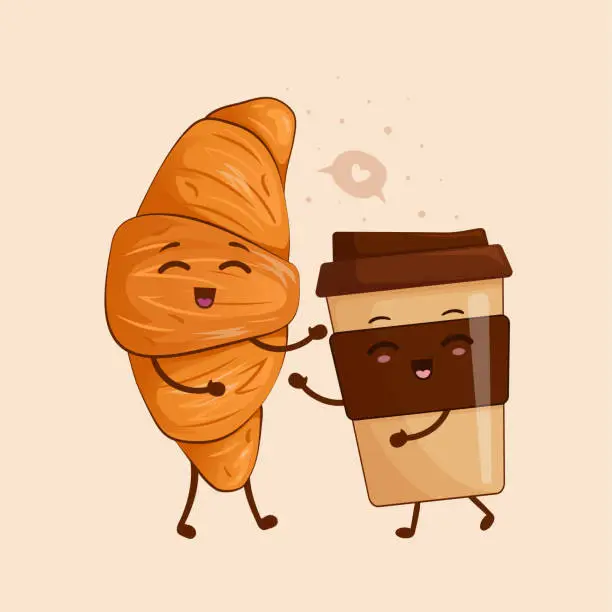 Vector illustration of Croissant and coffee cup with love emotion