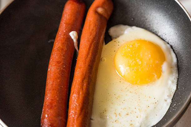 istock Sausage and fried egg on frying pan 179061106