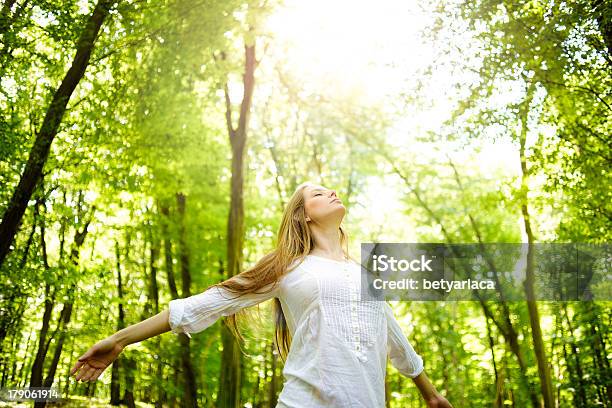 A Women In The Woods Basking In The Sun Stock Photo - Download Image Now - Women, Forest, Nature
