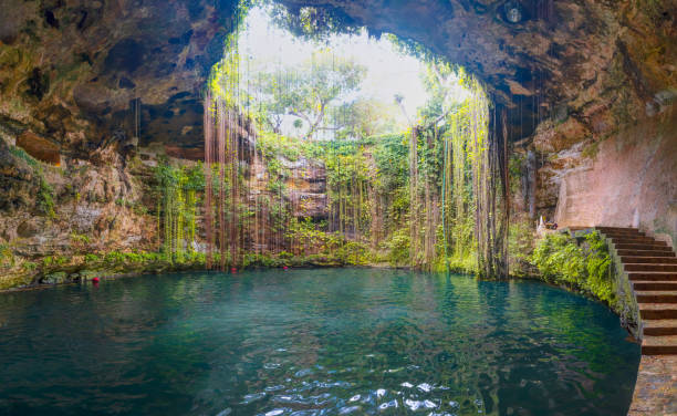 cenote di ik-kil - delizioso cenote nello yucatan peninsulla con acque trasparenti e radici pendenti. chichen itza, messico - cenote immagine foto e immagini stock