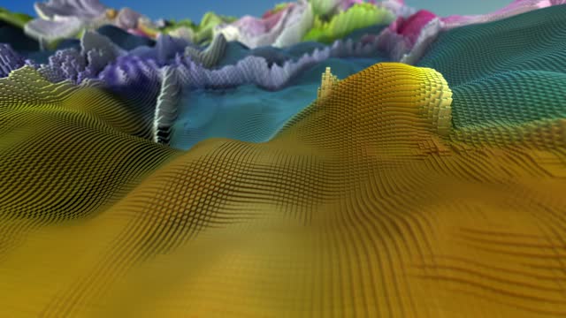 Abstract Perspective Motion View Selected Focus Yellow Colorful Shine 3d Hills Landscape Geometric Waves Surface Grid Cubes
