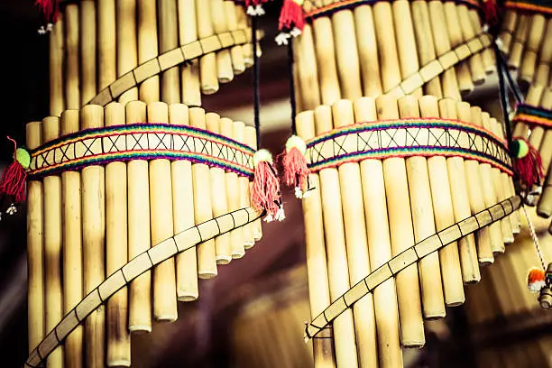 Authentic south american panflutes  in local market in Peru.