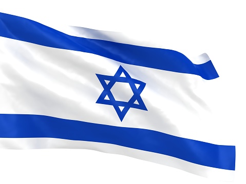 Official national Flag of Israel, waving in the wind. Israel flag with star of David, silk texture, isolated. Israel-Hamas war, military operations in Gaza Strip. Patriotic Israel nation symbol, 3D illustration