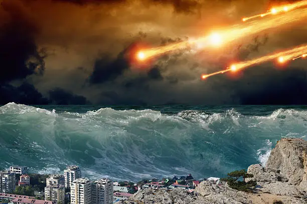 "Apocalyptic background - giant tsunami waves, small coastal town, city, asteroid impact"