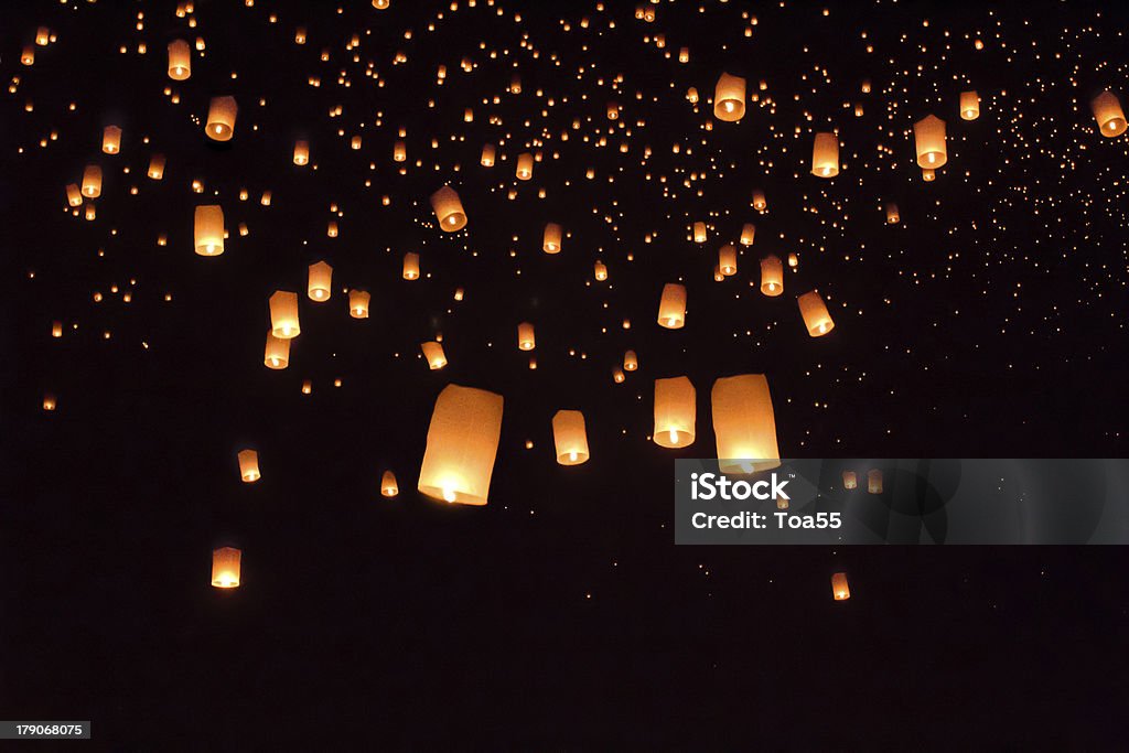 Floating asian lanterns "Floating asian lanterns in Yee-Peng festival ,Chiang Mai Thailand" Hot Air Balloon Stock Photo