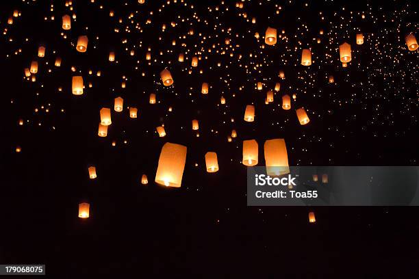 Floating Asian Lanterns Stock Photo - Download Image Now - Hot Air Balloon, Lantern, Night