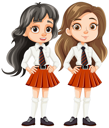Adorable cartoon characters of two female friends in school uniforms