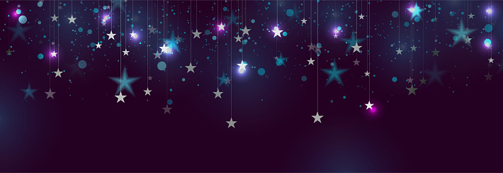 Silver hanging stars and neon shiny particles abstract background. New Year and Christmas vector graphic banner design
