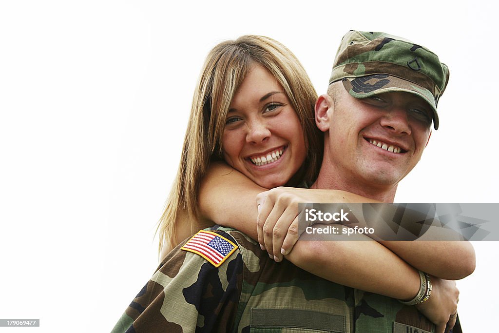 Sibling-Pair-Series Young military Pair, siblings isolated on white.  Family Stock Photo