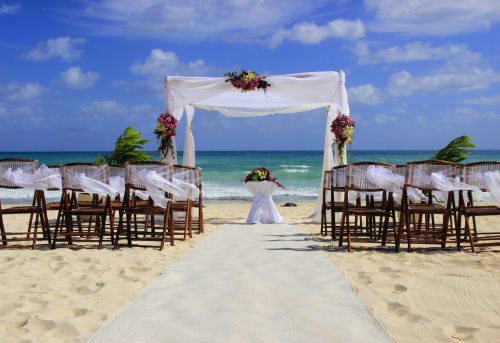 Wedding beach party preparation in Mexico against a background of beautiful sea and blue sky
