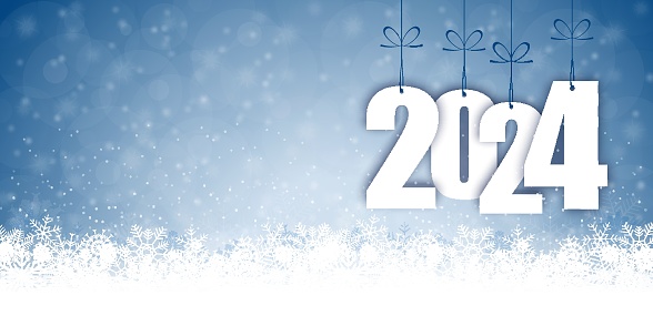EPS 10 panorama banner background with snow fall, light effects and greetings for christmas and New Year 2024