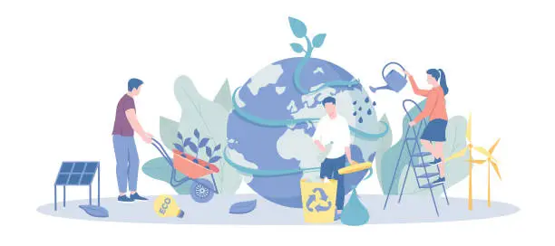 Vector illustration of Earth Day. Concept of protection of nature and ecology. People look after the planet. Vector illustration with character situation for web.