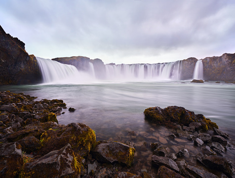 View of the majestic Goðafoss waterfall in Iceland. Photographed in medium format.