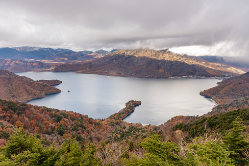 Aerial view of Lake Chuzenji in Nikko National Park, Tochigi Prefecture, Japan