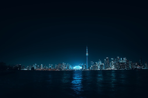 The illuminated skylines of Toronto during the nighttime