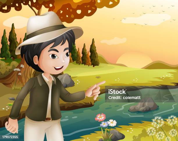Mann Mit Einem Hut Am Flussufer Stock Vektor Art und mehr Bilder von Baum - Baum, Bildkomposition und Technik, Blatt - Pflanzenbestandteile