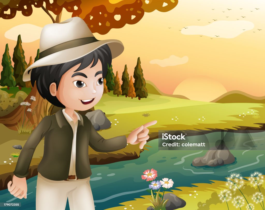 Homem com um chapéu na margem do rio - Vetor de Adulto royalty-free
