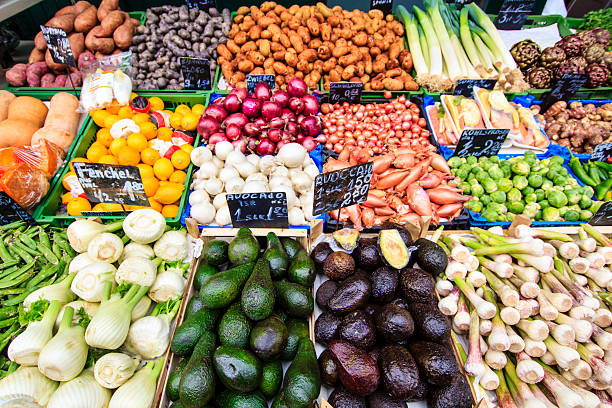 fresh fruits and vegetables on display at the Jean Talon Market in Montreal Quebec Canada