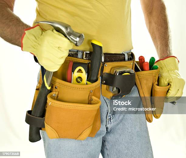 Carpenter Tool Belt Torso Of Model Isolated On White Stock Photo - Download Image Now