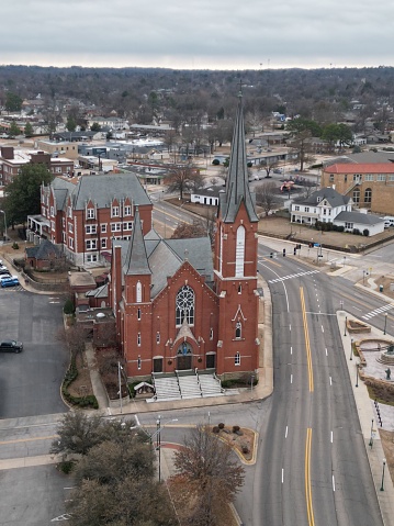Fort Smith, United States – January 08, 2023: An aerial view of Immaculate Conception Catholic Church in Downtown Fort Smith, Arkansas