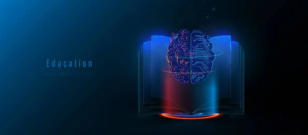 Vector illustration of Open book with a brain on top. Artificial intelligence. Technology learning, knowledge, education concept